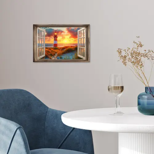 Doorkijk - Raam - Vuurtoren - Zonsondergang - Strand poster papier klein -sfeer3