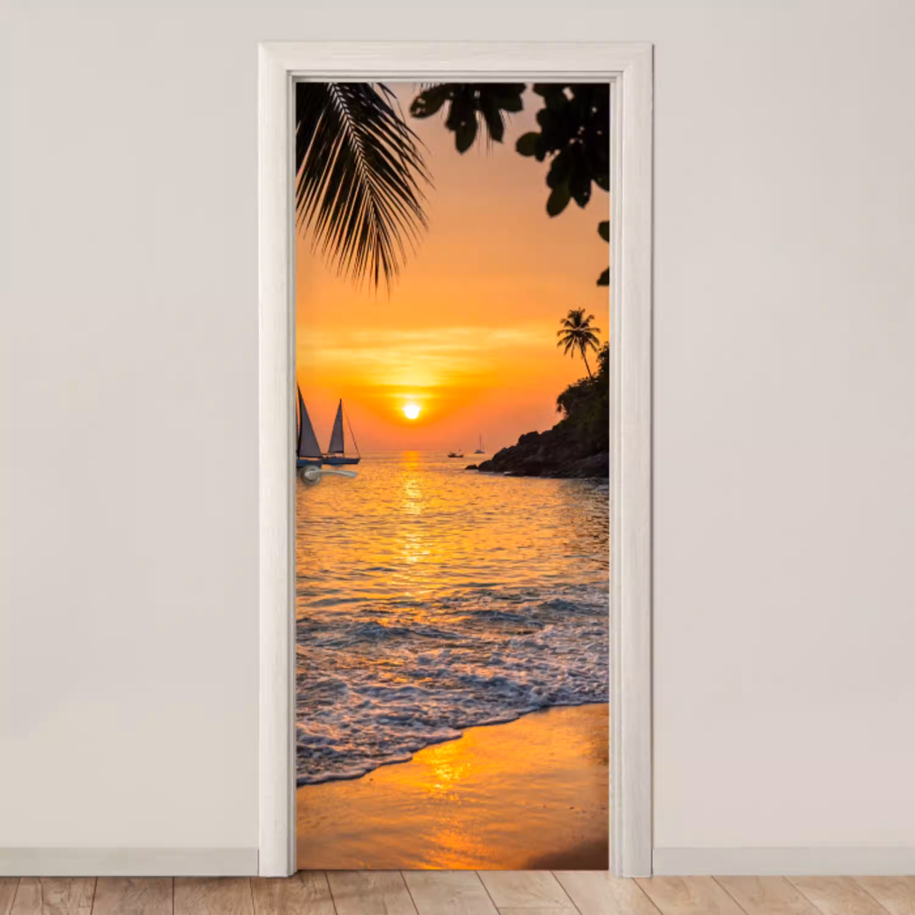 Zee - Zonsondergang - Boot - Natuur - Oranje deurposter klein -3d_beige