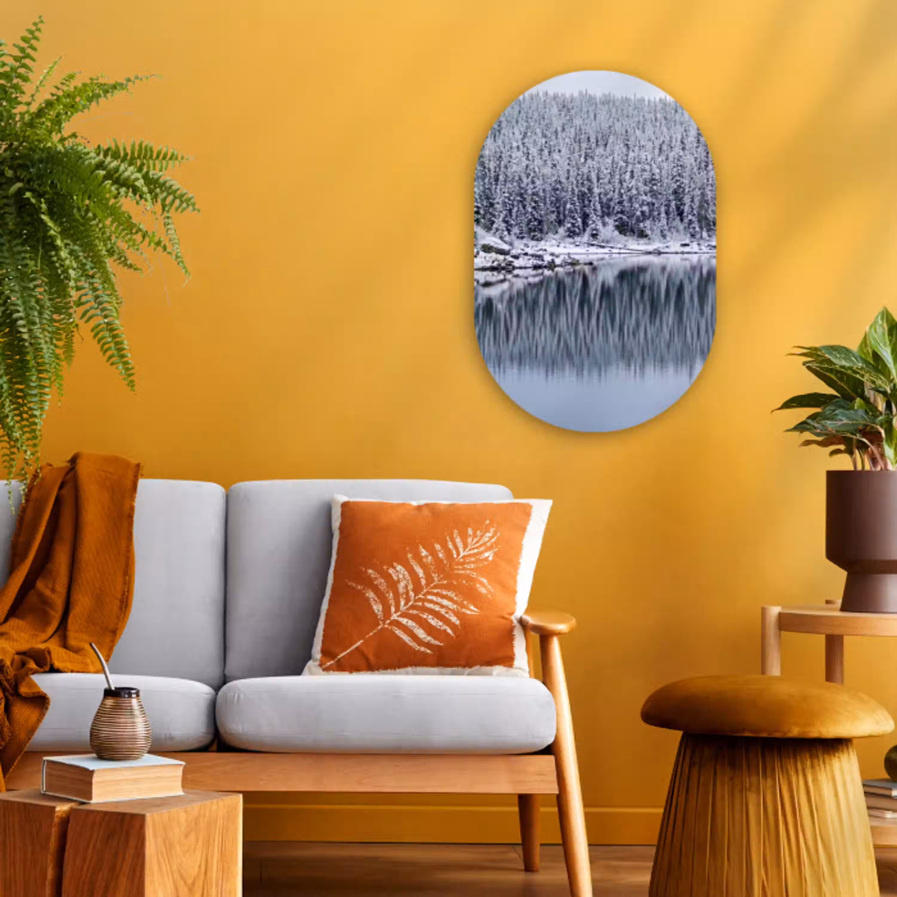Bos - Reflectie - Meer - Winter - Serene Wandcirkel Ovaal Forex klein -sfeer4
