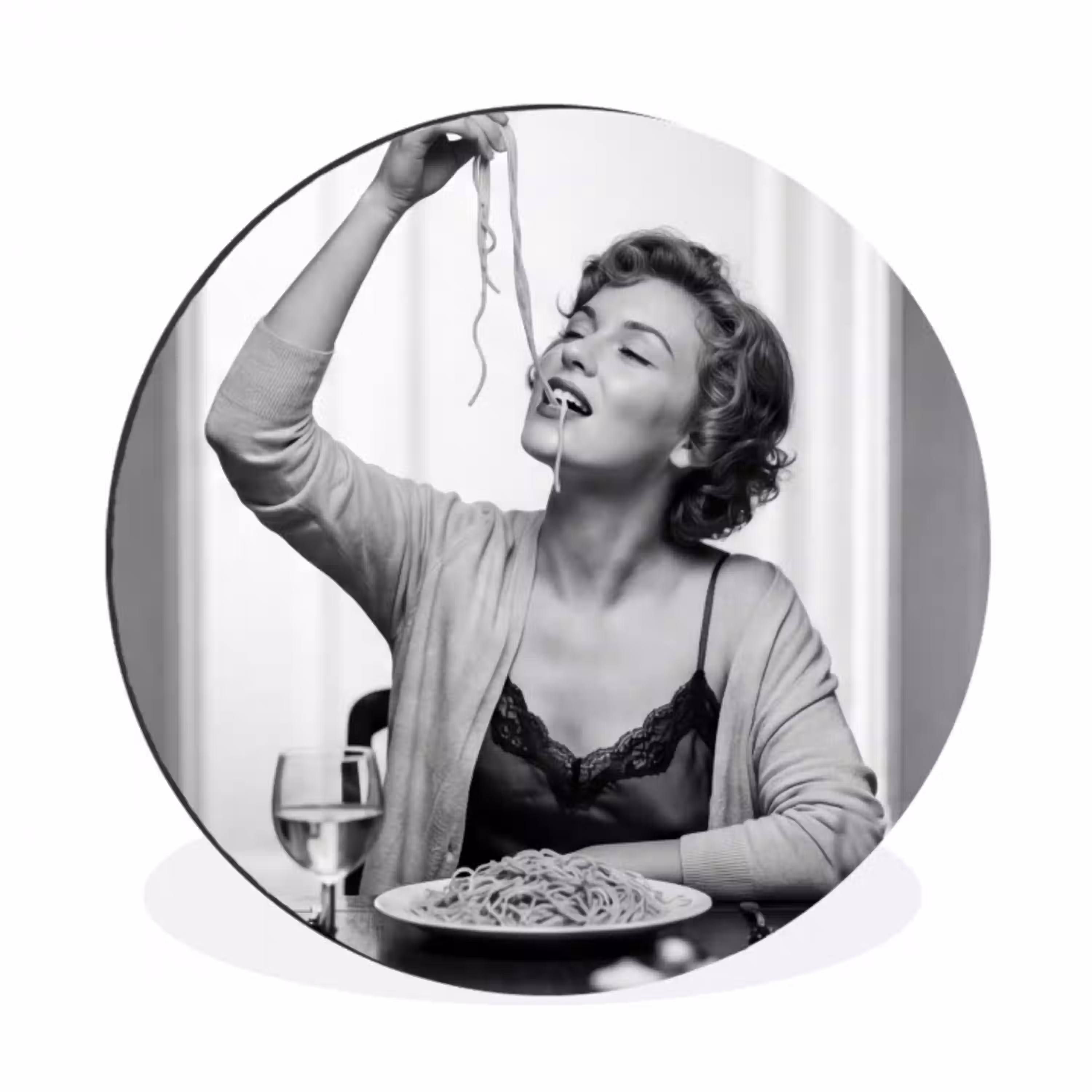Vrouw - Spaghetti - Zwart - Wit Wandcirkel aluminium klein -3d