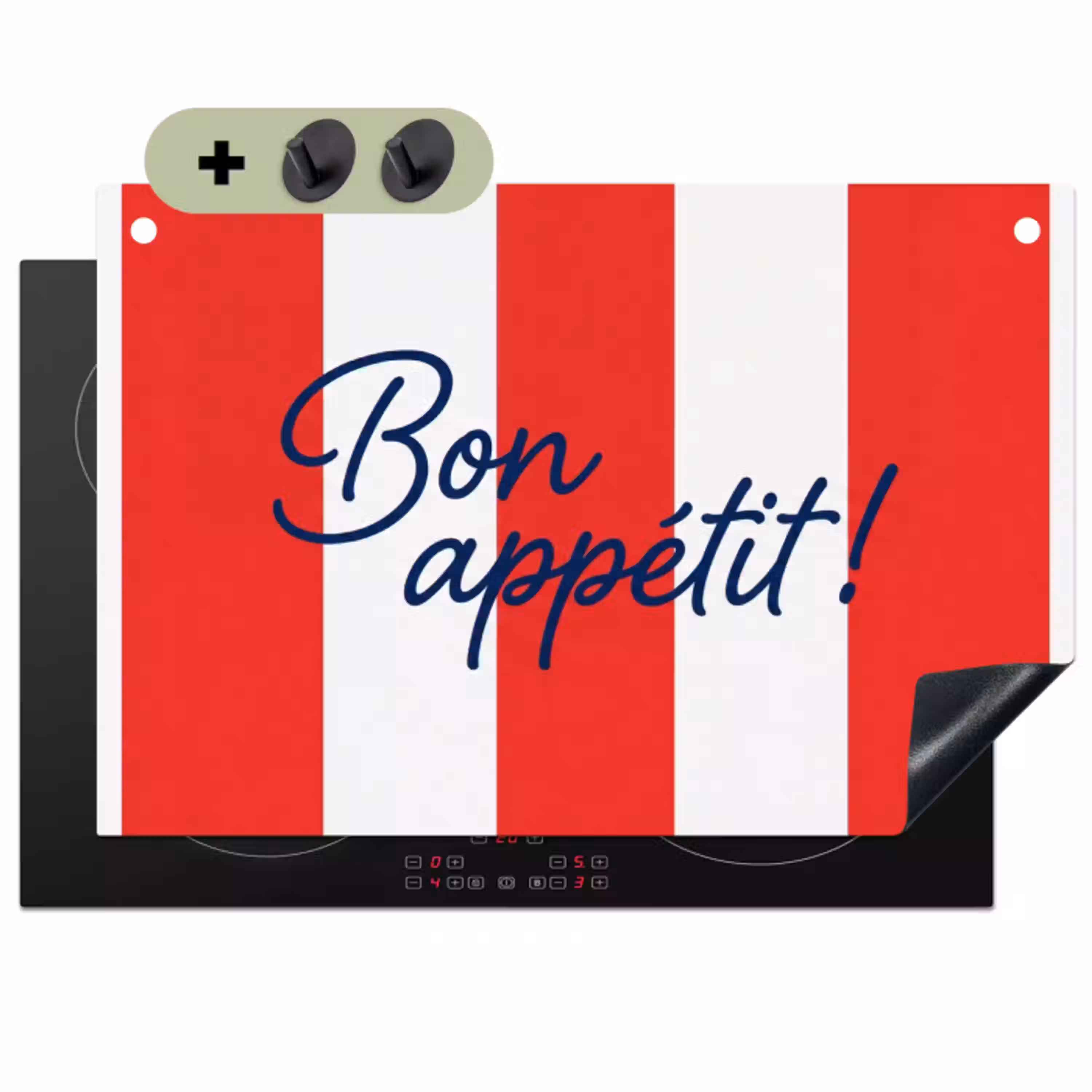 Eten - Spreuk - Keuken - Grafisch - Rood-Wit Inductie beschemer met haakjes klein -3d
