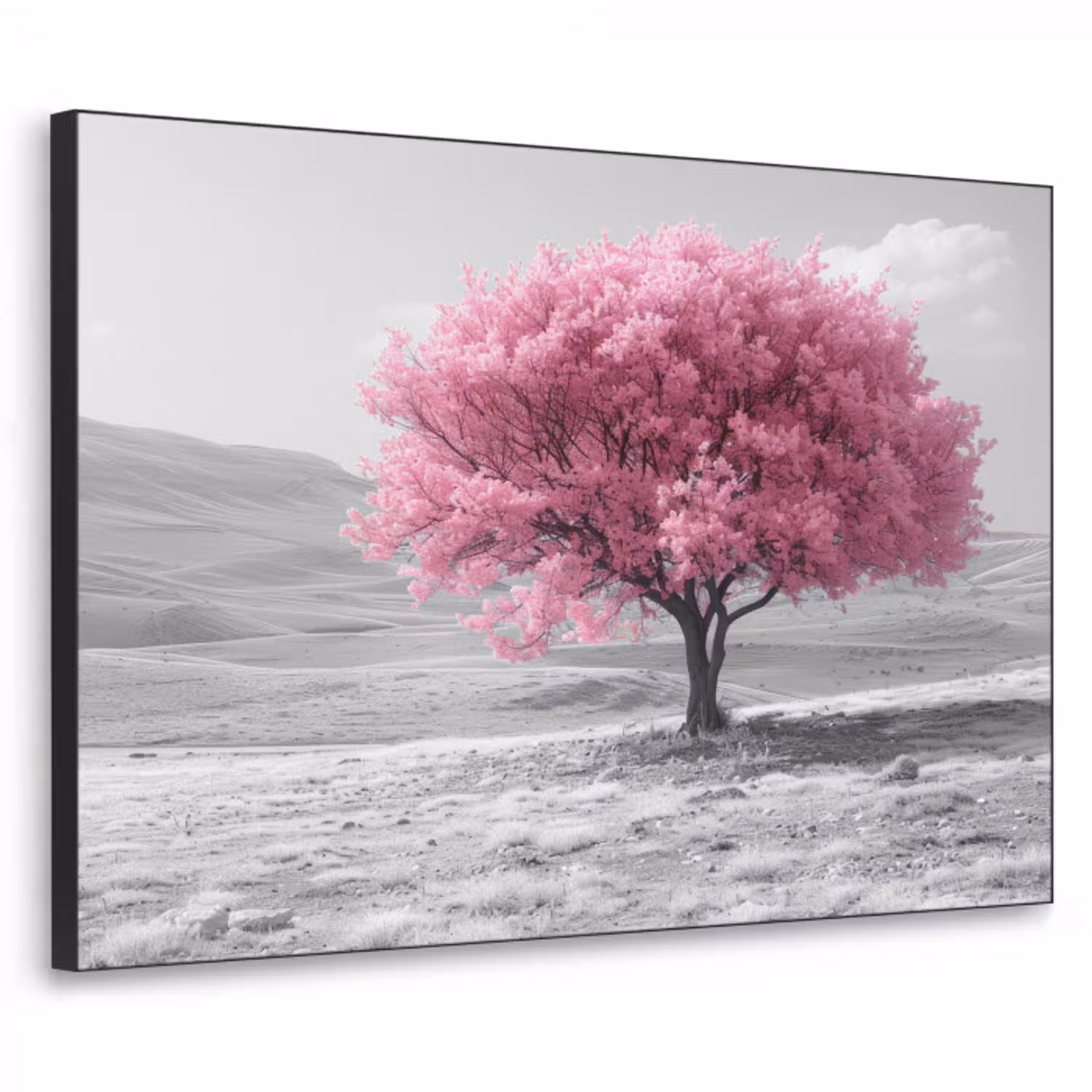 Boom - Natuur - Roze - Zwart wit Textielframe zwart klein -3d