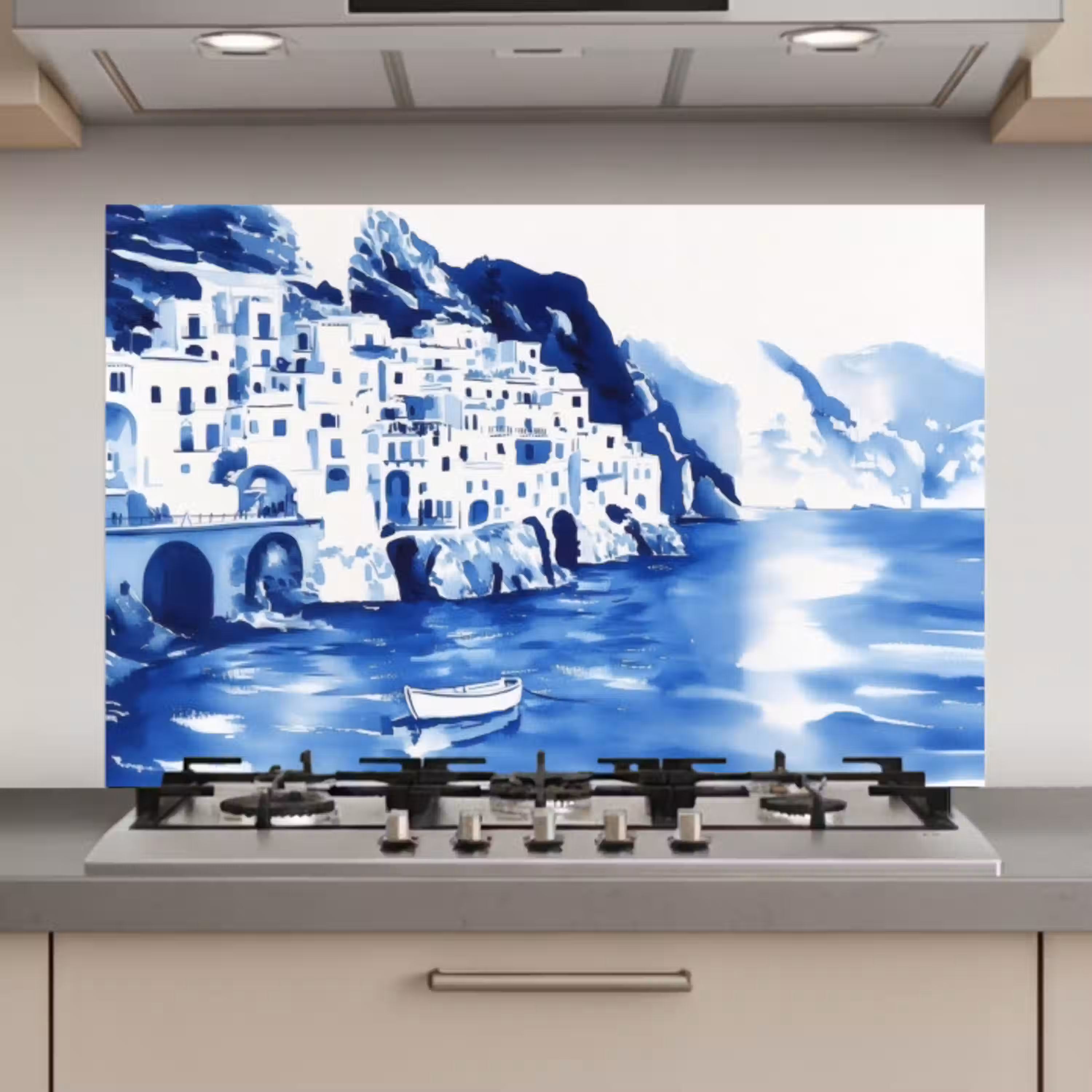 Dorp - Rotswand - Roeiboot - Water keuken achterwand spatscherm klein -3d_website