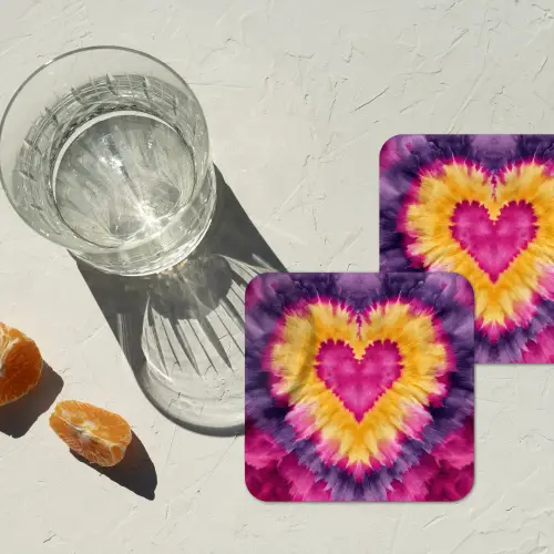 Tie dye - Hartvorm - Vlammen - Oranje onderzetter kurk middel -sfeer4