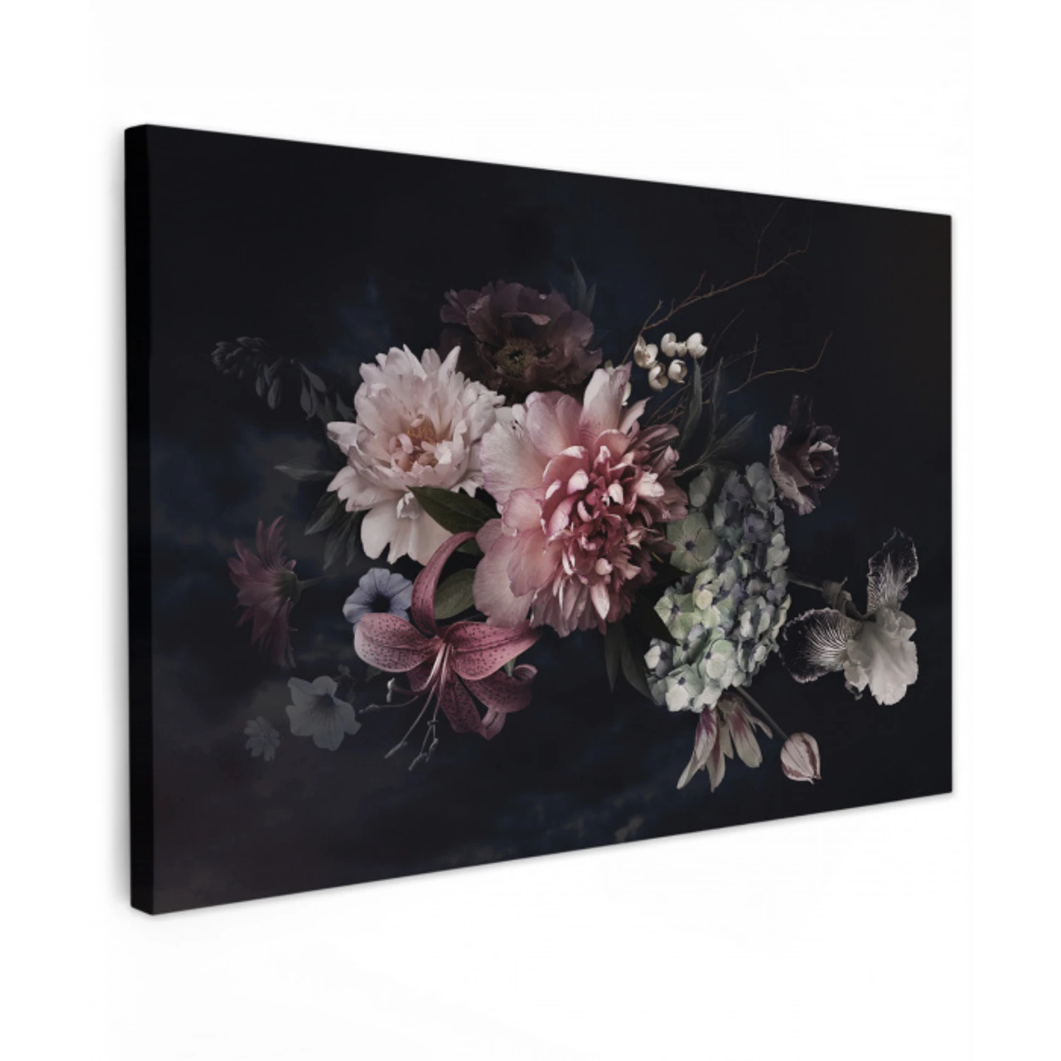 Bloemen - Vintage - Pastel - Zwart - Boeket canvas 2cm klein -z3d