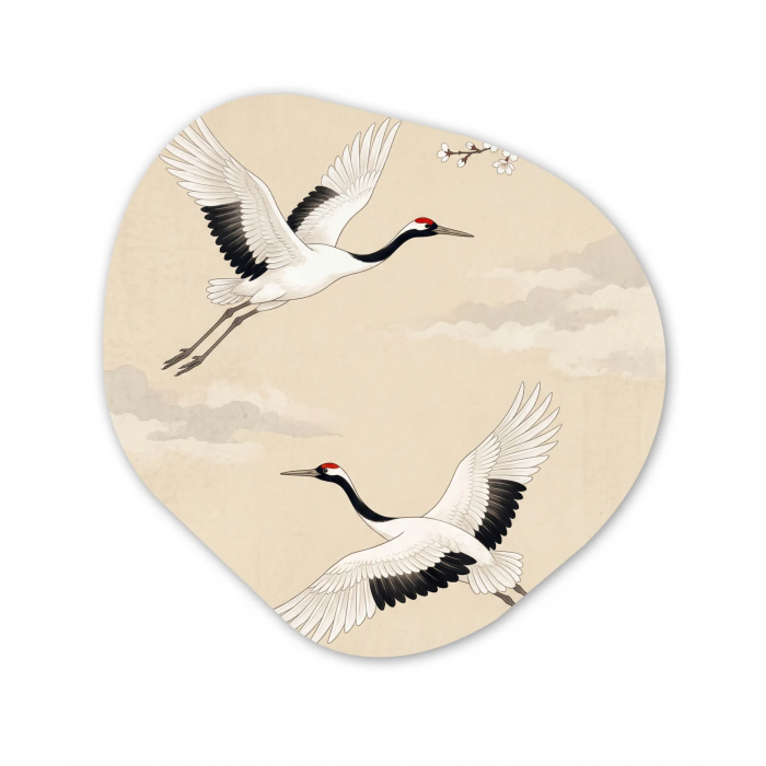 Kraanvogels - Bloesem - Beige Wandcirkel Organisch Aluminium middel -3d