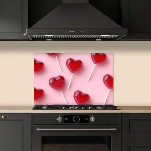 Lollies - Hartjes - Roze keuken achterwand spatscherm klein -sfeer1
