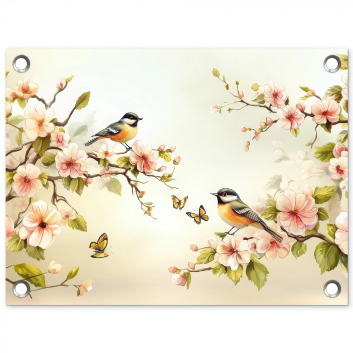 Takken - Bloemen - Vogeltjes - Roze tuinposter los doek klein -3d