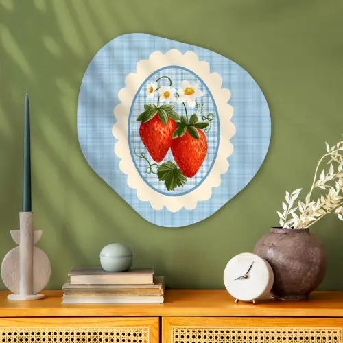 Aardbeien - Lijst - Rood - Geruit Wandcirkel Organisch Plexiglas middel -sfeer2