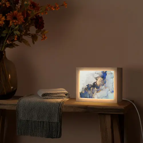 Marmer - Blauw - Goud Light Box met kabel (Tafellamp) klein -sfeer4