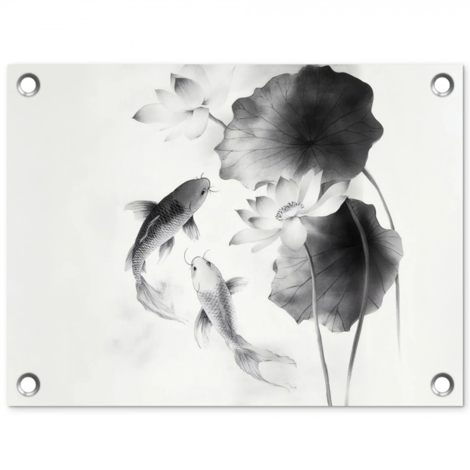 Lotusbloemen - Vissen - Bladeren - Zwart tuinposter los doek klein -3d