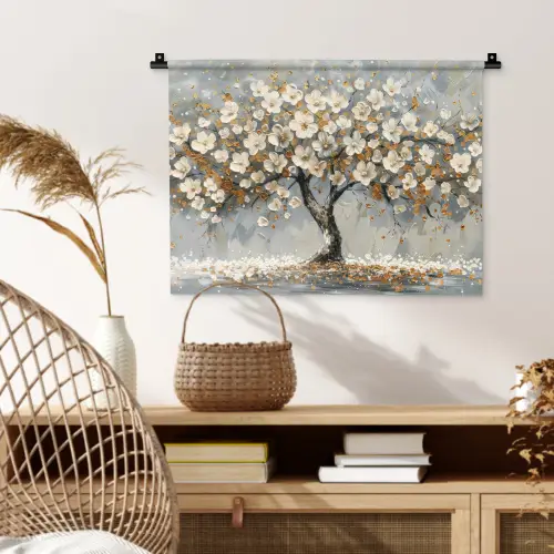 Boom - Bloemen - Wit - Natuur - Kunst Wandkleed katoen klein -sfeer5