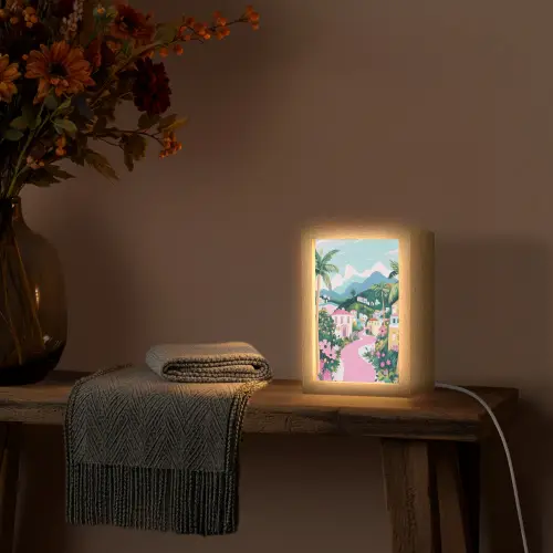 Kleurrijk - Huizen - Heuvels - Roze Light Box met kabel (Tafellamp) klein -sfeer4
