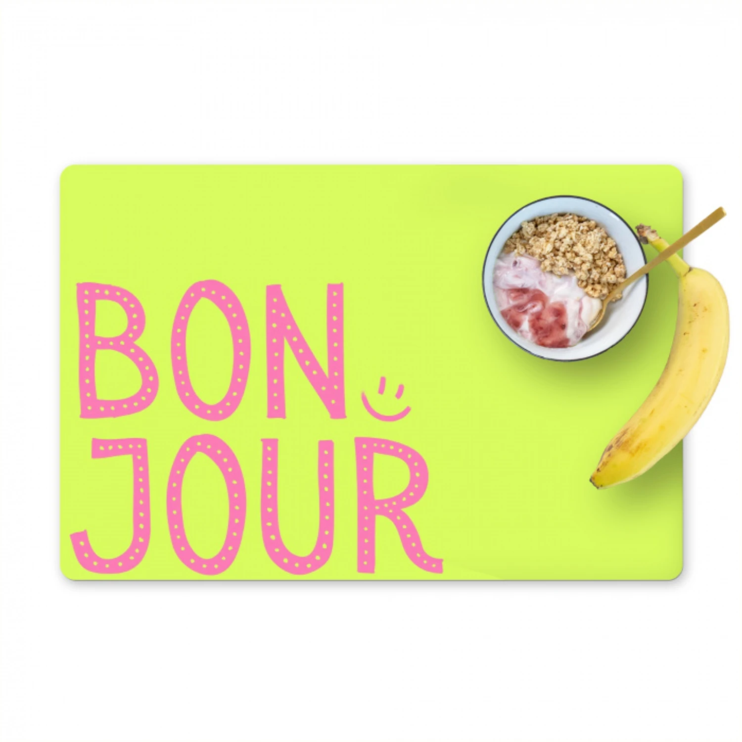 Groen - Smiley - Bonjour - Roze Placemat vinyl groot -zzzproduct_Kitchenyeah-website