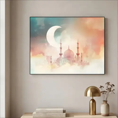 Moskee - Kleurrijke wolken - Arabisch - Ramadan - Islamitische Textielframe zwart klein -sfeer2