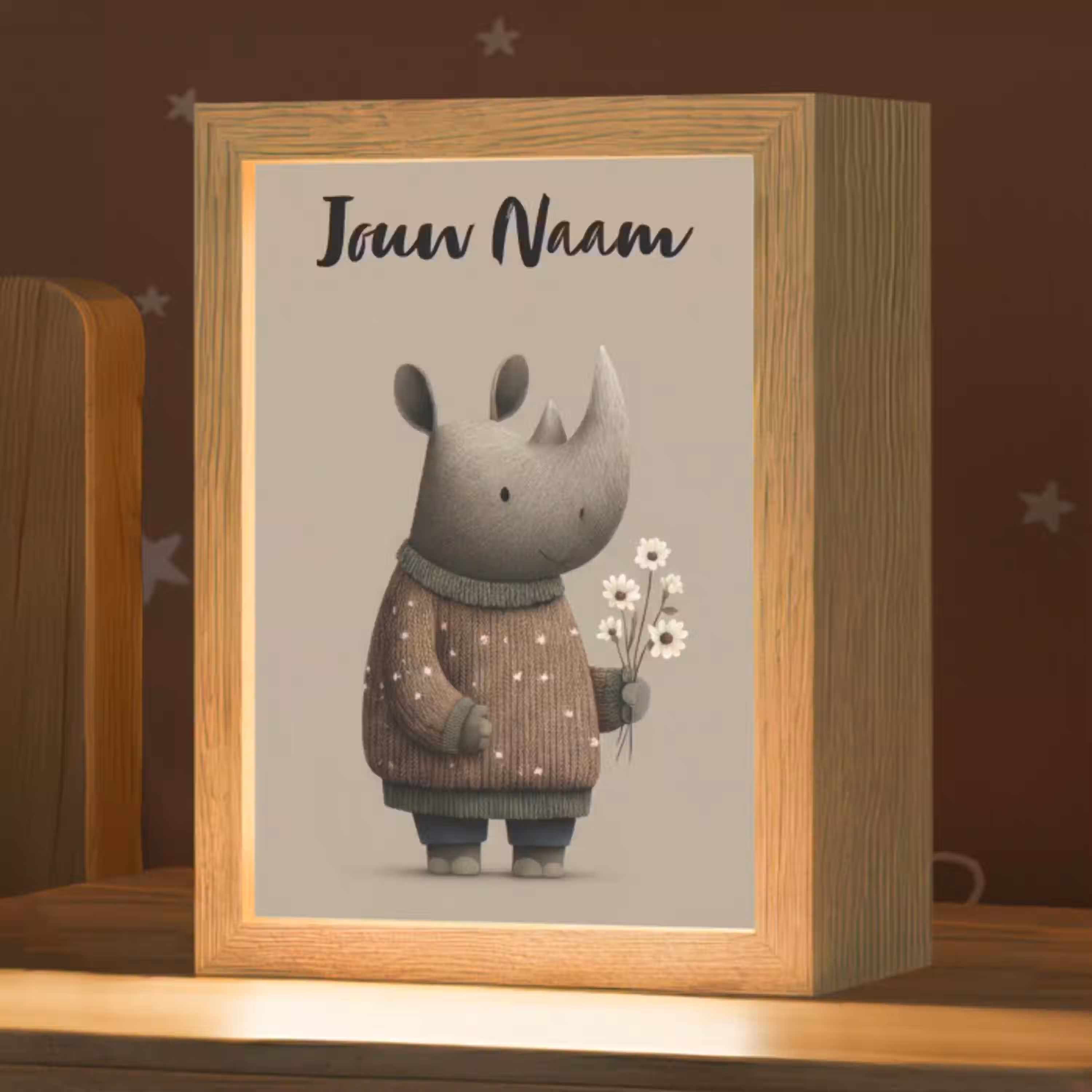 Neushoorn - Witte bloemen - Lief Light Box met kabel (Kinderlampje) klein -zzz_3d_website