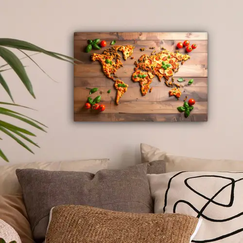 Wereldkaart - Pizza - Houten ondergrond canvas 2cm klein -sfeer1