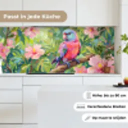 Papagaai - Hibiscusbloemen - Kleurrijk keuken achterwand 2 middel -sfeer4_DE