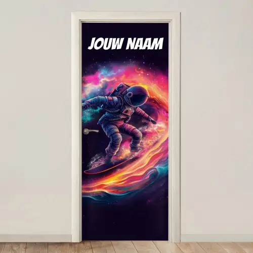 Astronaut met speelse kleuren en naamtekst deurposter klein -3d_beige