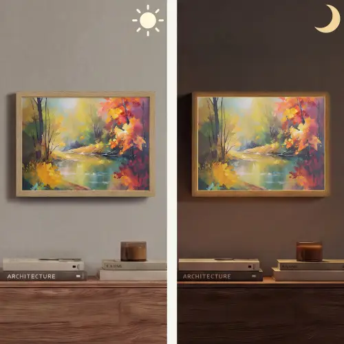 Landschap - Olieverf - Rivier - Kleurrijk Light Box met batterij (Wandlamp) middel -sfeer3