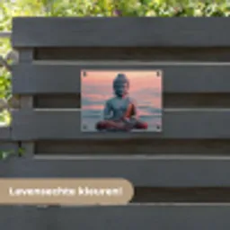 Mediterende Boeddha bij zonsondergang tuinposter los doek klein -sfeer3