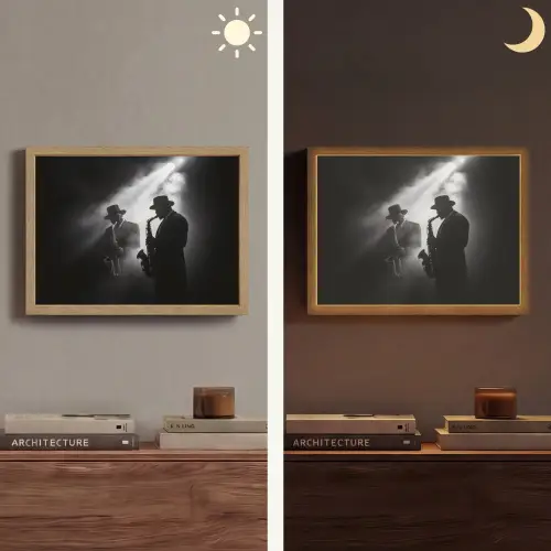 Saxofonisten - Hoeden - Rook - Licht Light Box met batterij (Wandlamp) middel -sfeer3