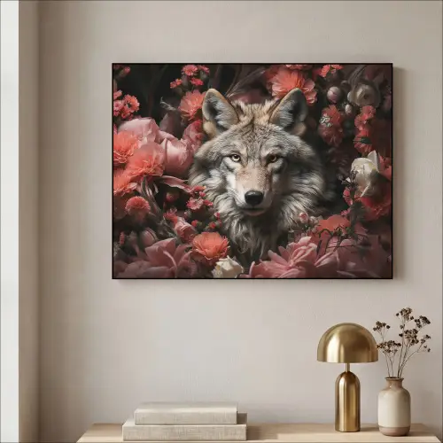 Wolf - Dier - Bloemen - Botanisch - Natuur - Fantasie Textielframe zwart klein -sfeer2