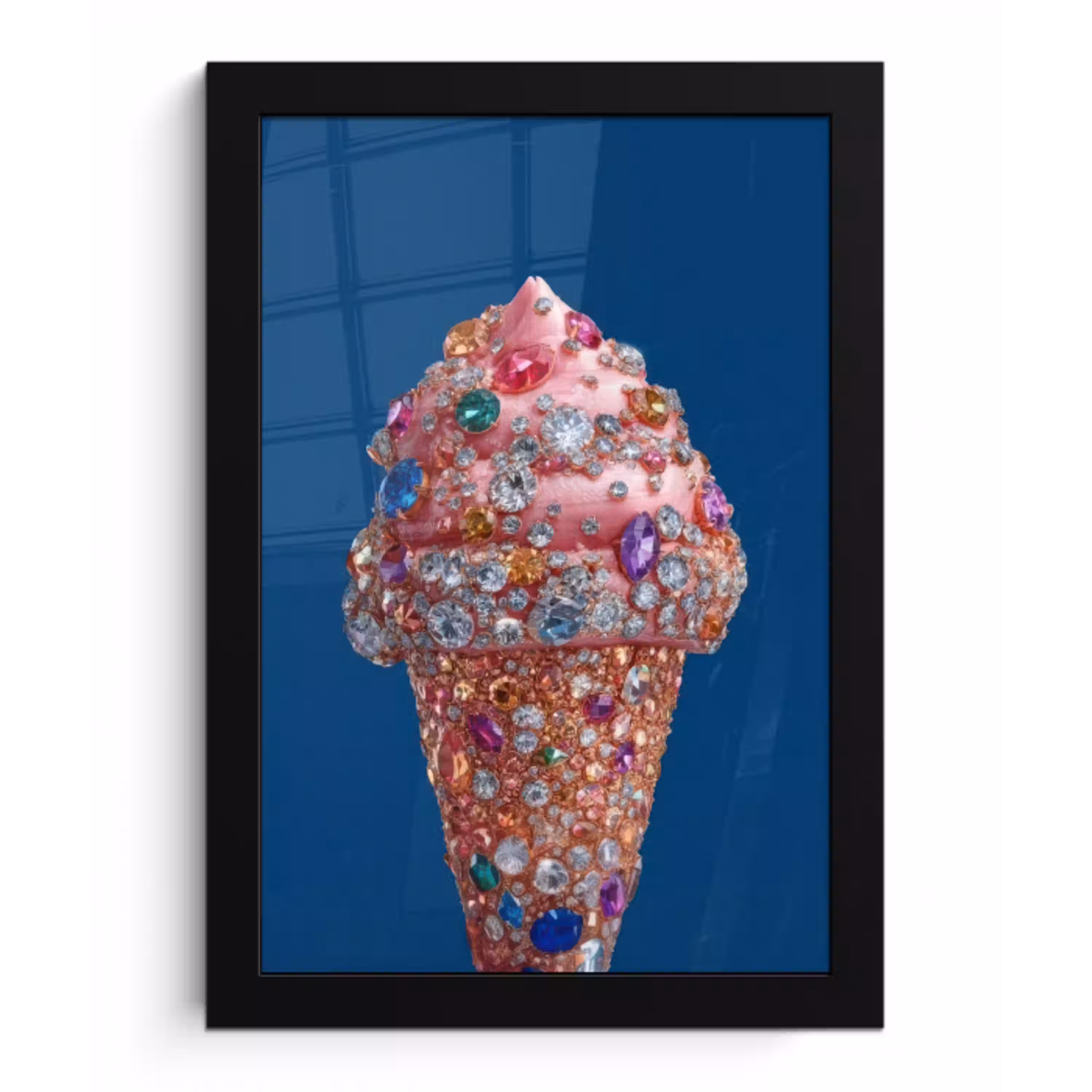 Ijsje - Hoorntje - Steentjes - Blauw fotolijst zwart zonder passe partout klein -3d
