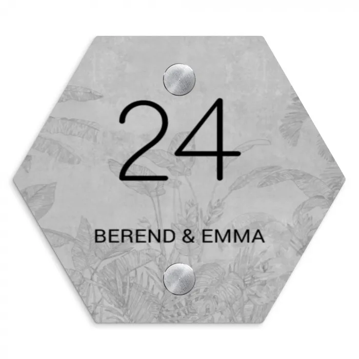 Grijs botanisch patroon - Klassiek Naambord Hexagon klein -3d