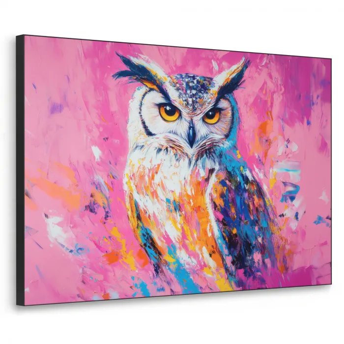 Uil - Roze - Blauw - Verf - Abstract Textielframe zwart klein -3d