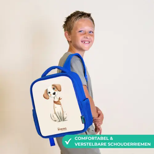 Bruin gevlekte pup op een beige achtergrond Kinderrugzak - Blauw middel -sfeer3_NL