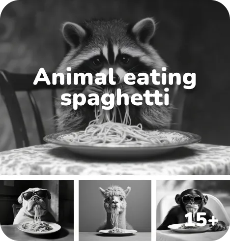 Animals eating spaghetti