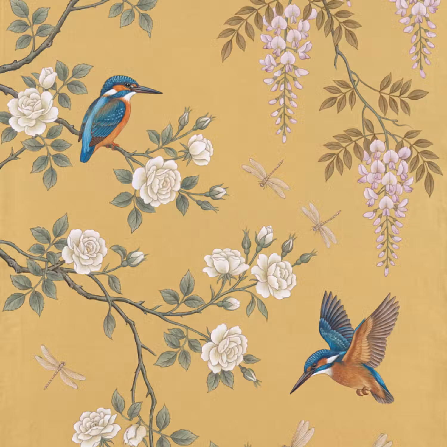 Behang - IJsvogels - Bloesem - Geel