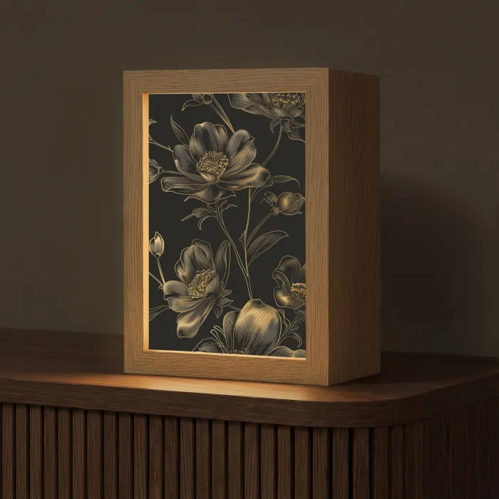 Bloemen - Zwart - Goud - Line art Light Box met kabel (Tafellamp) klein -z3d_website