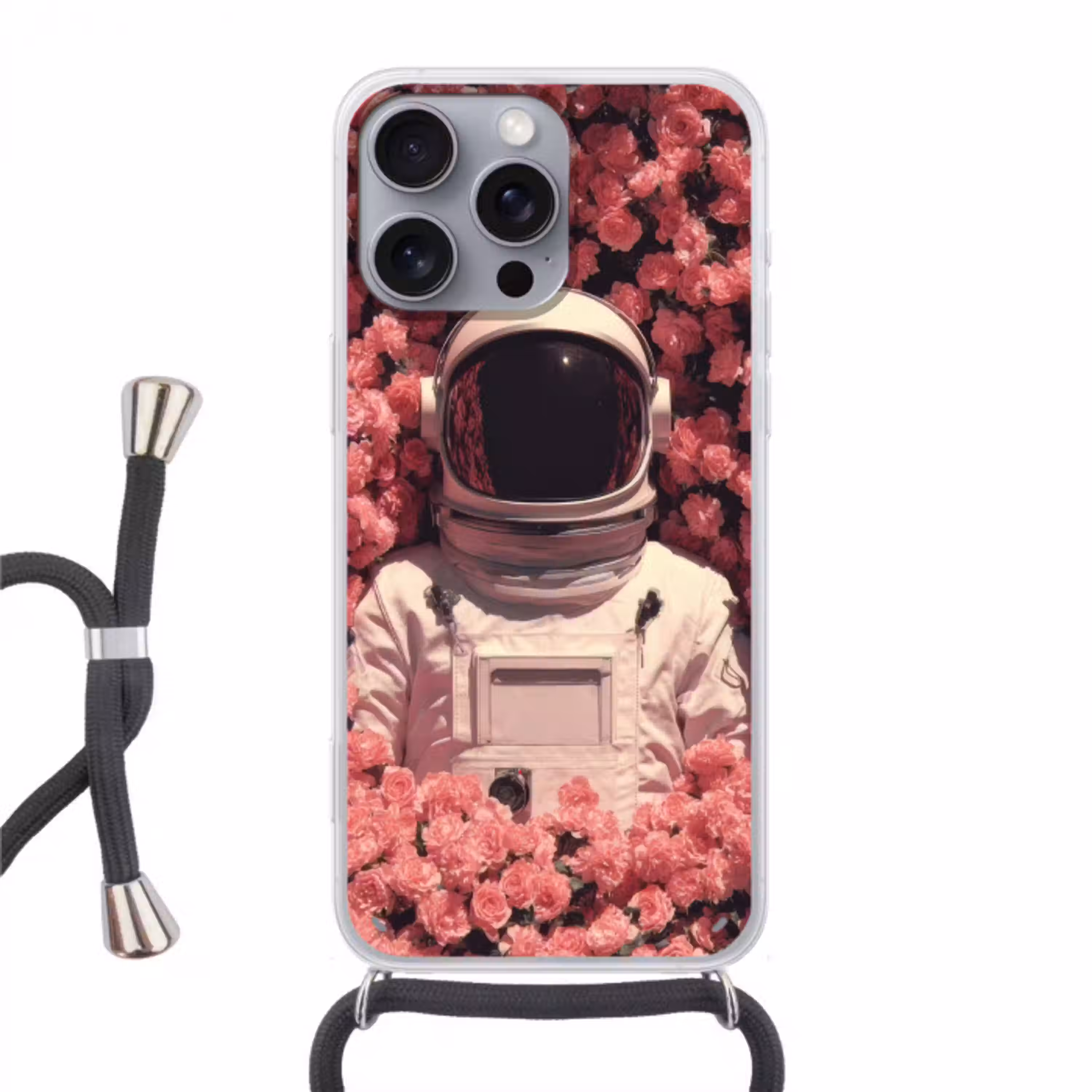 Bloemen - Roze - Astronaut Hoesje iPhone 16 Pro Max met koord klein -3d