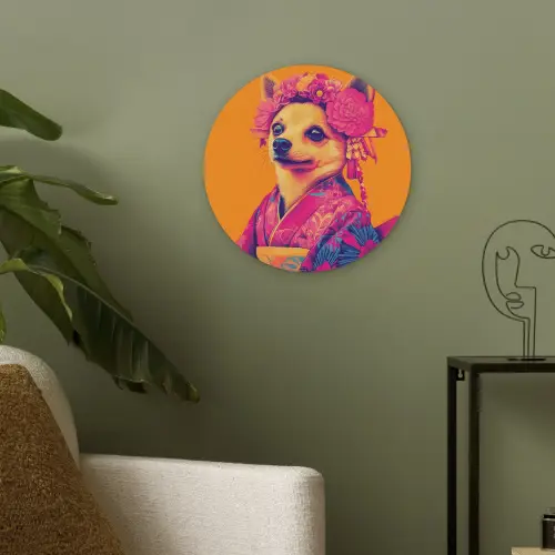 Kimono - Hondje - Bloemenkroon - Oranje Akoestische PET Vilt - Rond klein -sfeer2