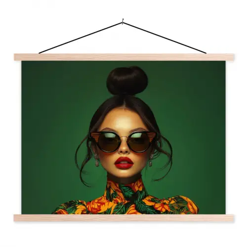 Vrouw - Groen - Modern - Bril - Abstract textielposter latten blank klein -3d