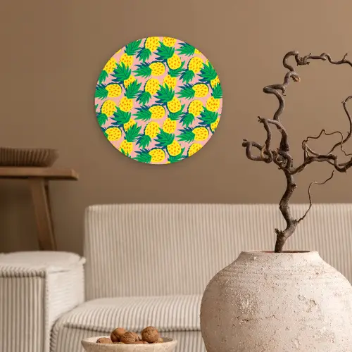 Ananas - Geel - Groen - Tropisch Wandcirkel kunststof plaat 5mm dik klein 188 -sfeer1