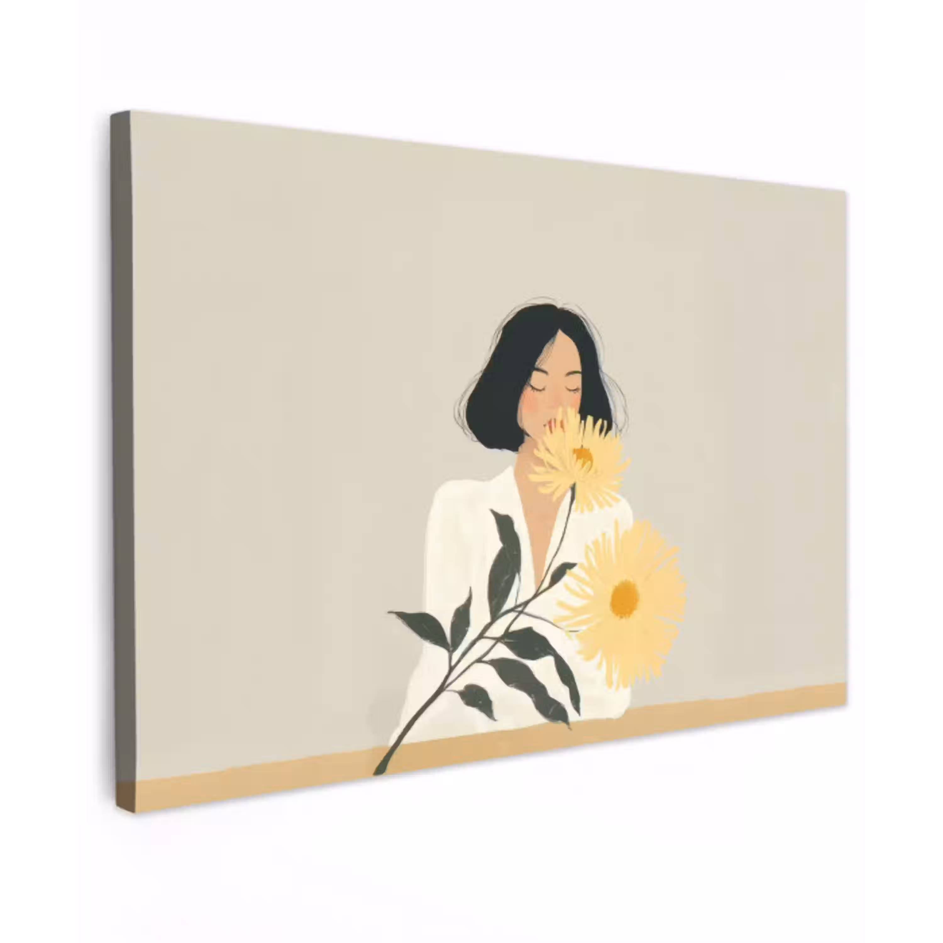Vrouw - Bloem - Geel - Minimalistisch Tuinposter op houten frame 2 cm dik klein -3d