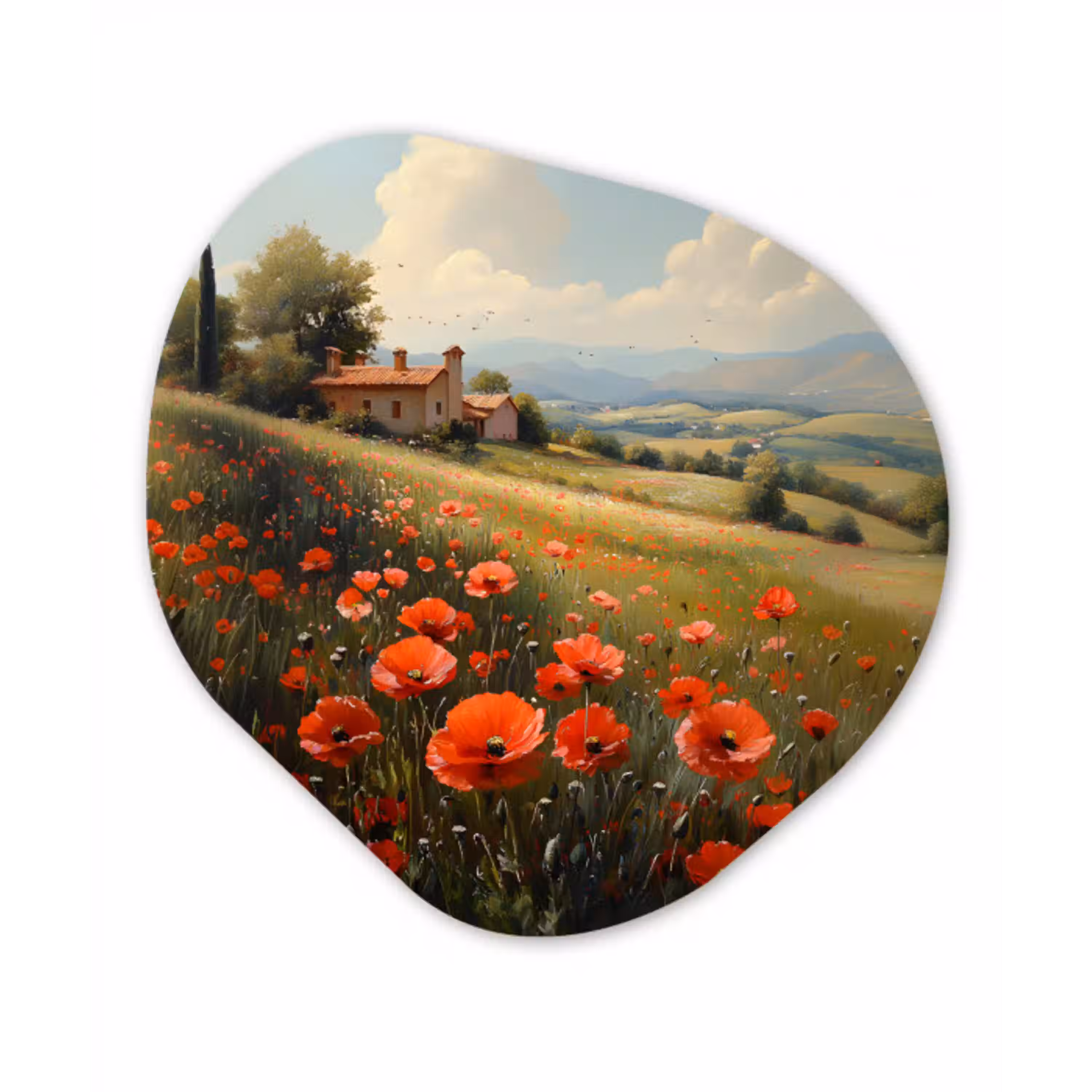 Klaprozen - Rood - Heuvels - Landschap Wandcirkel Organisch Forex 3mm klein -3d