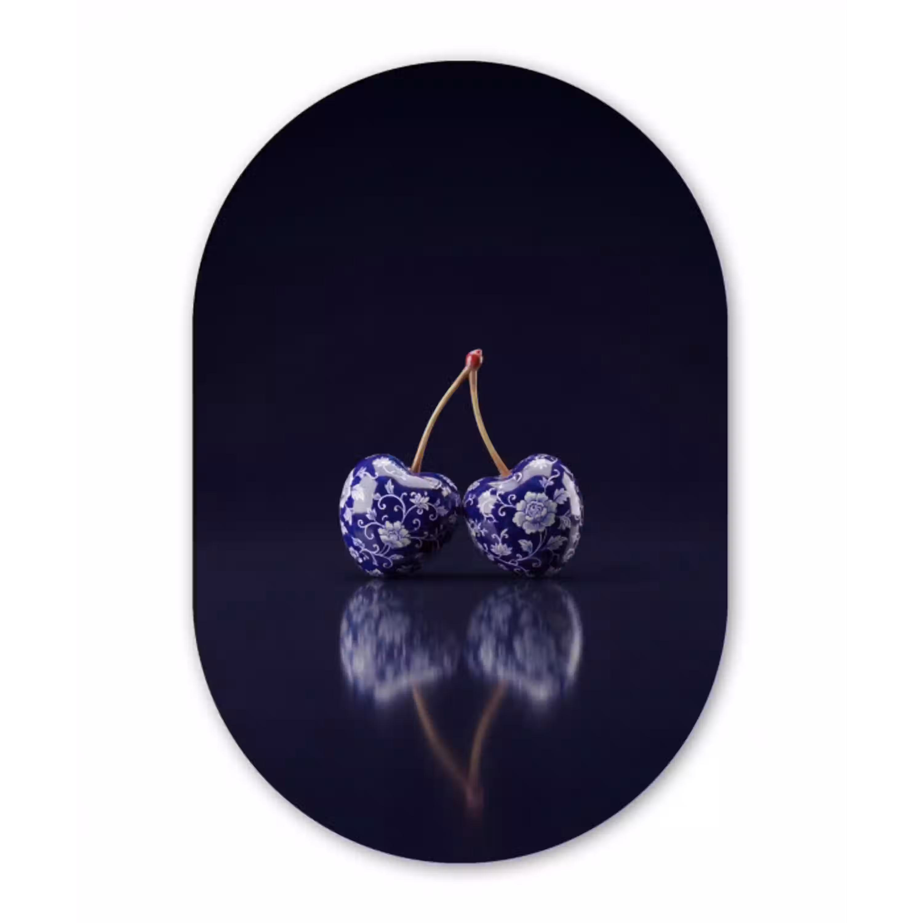 Porselein- Kersen - Delfts - Blauw Wandcirkel Ovaal Aluminium middel -3d