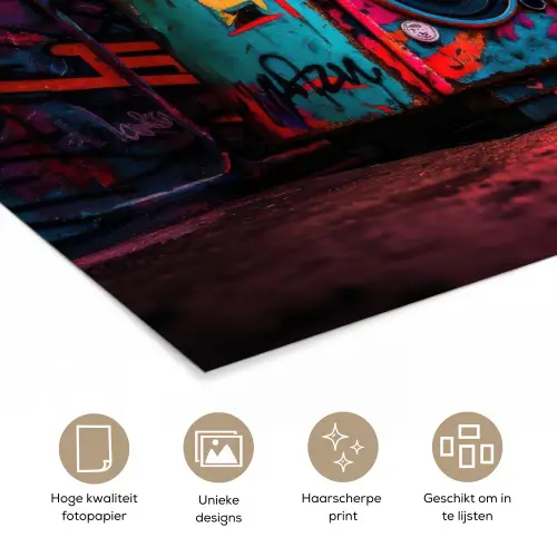 Boombox - Rood - Graffiti - Neon poster papier klein -closeup_NL