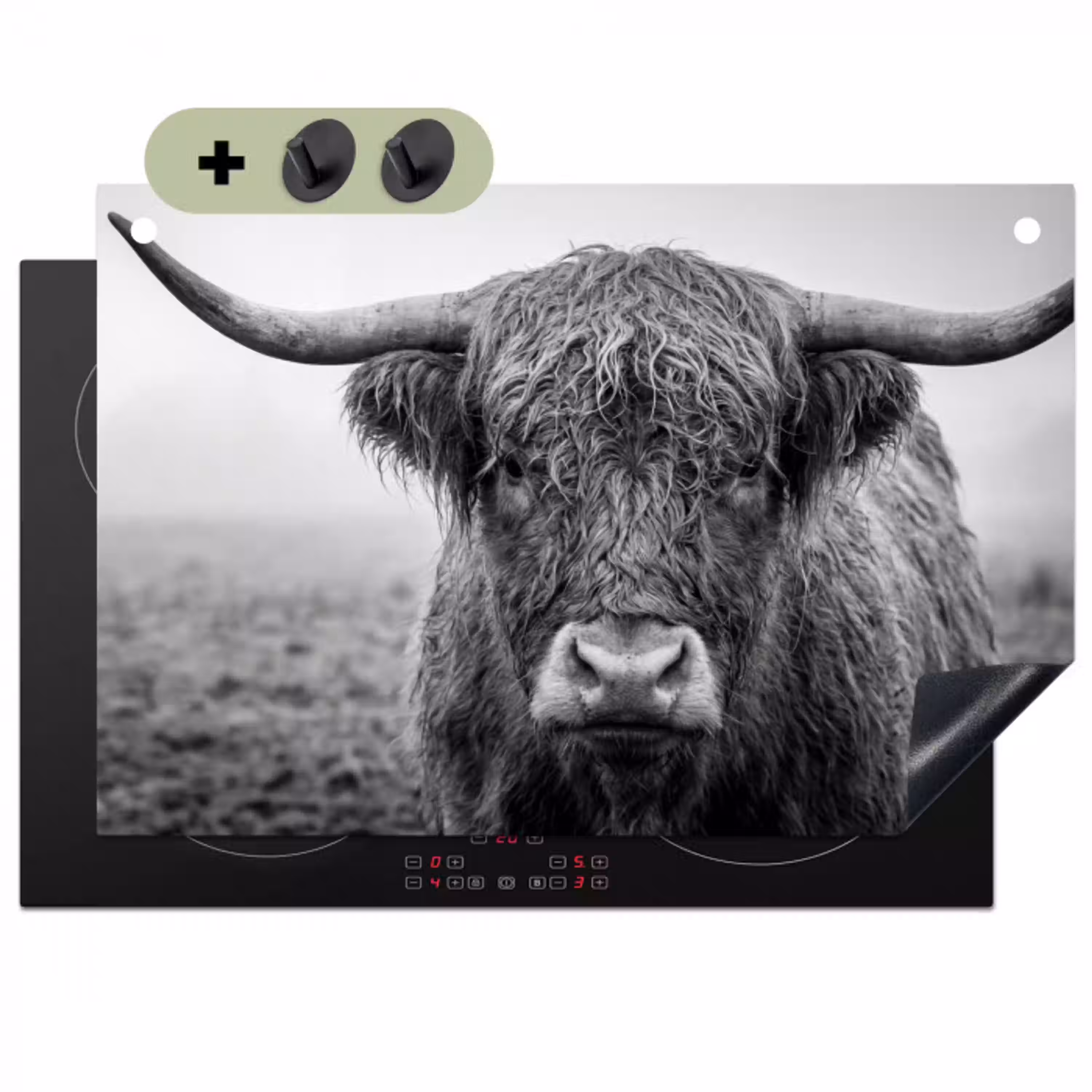 Schotse hooglander - Zwart - Wit - Gras Inductie beschemer met haakjes klein -3d