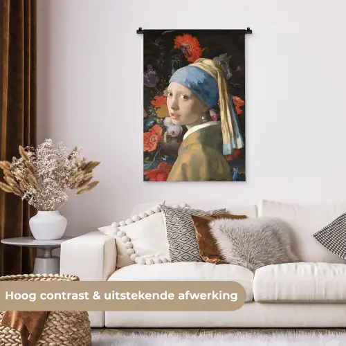 Meisje met de parel - Johannes Vermeer - Bloemen Wandkleed katoen klein -sfeer1