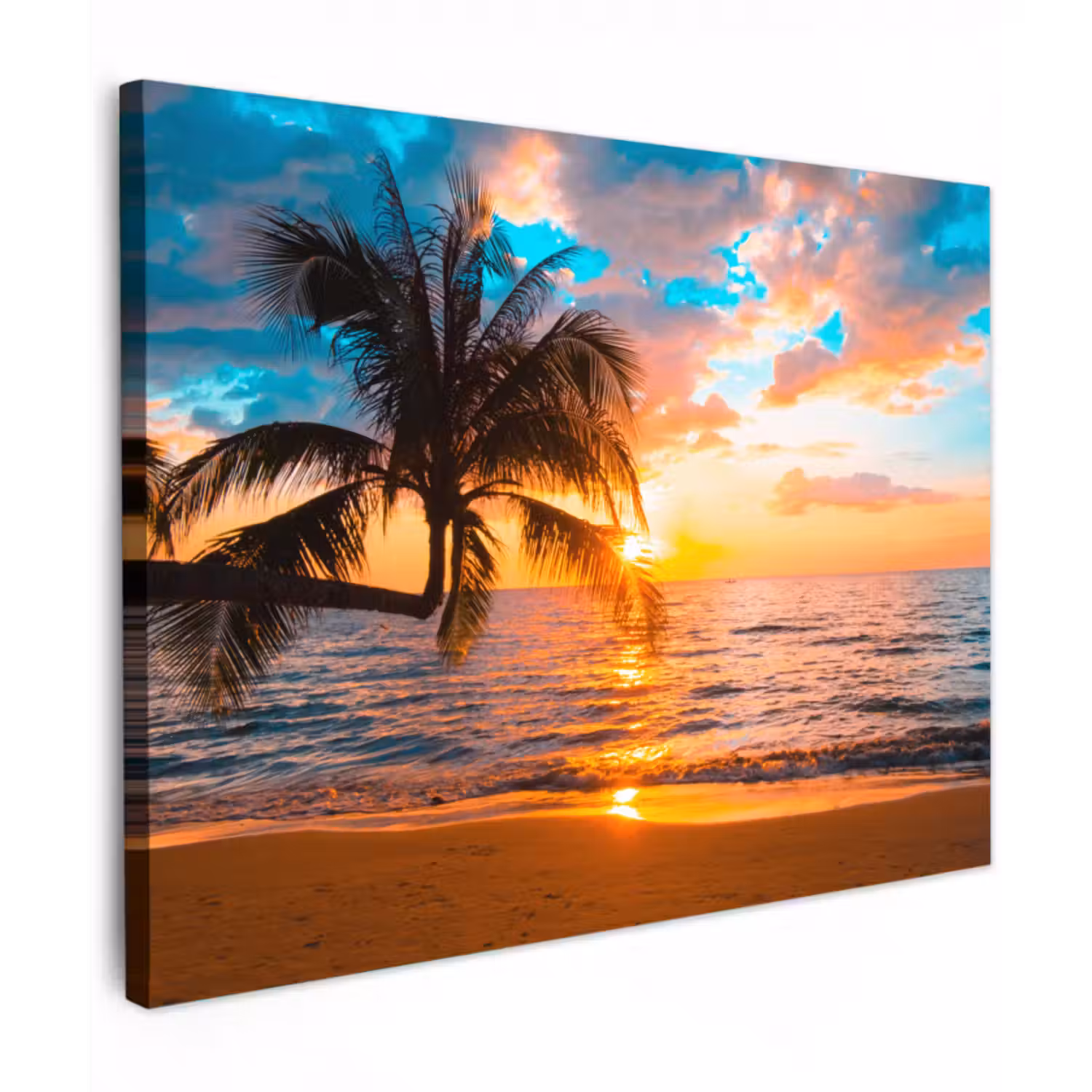 Leinwandbild - Palme – Sonnenuntergang – Horizont – Strand – Meer – Tropisch