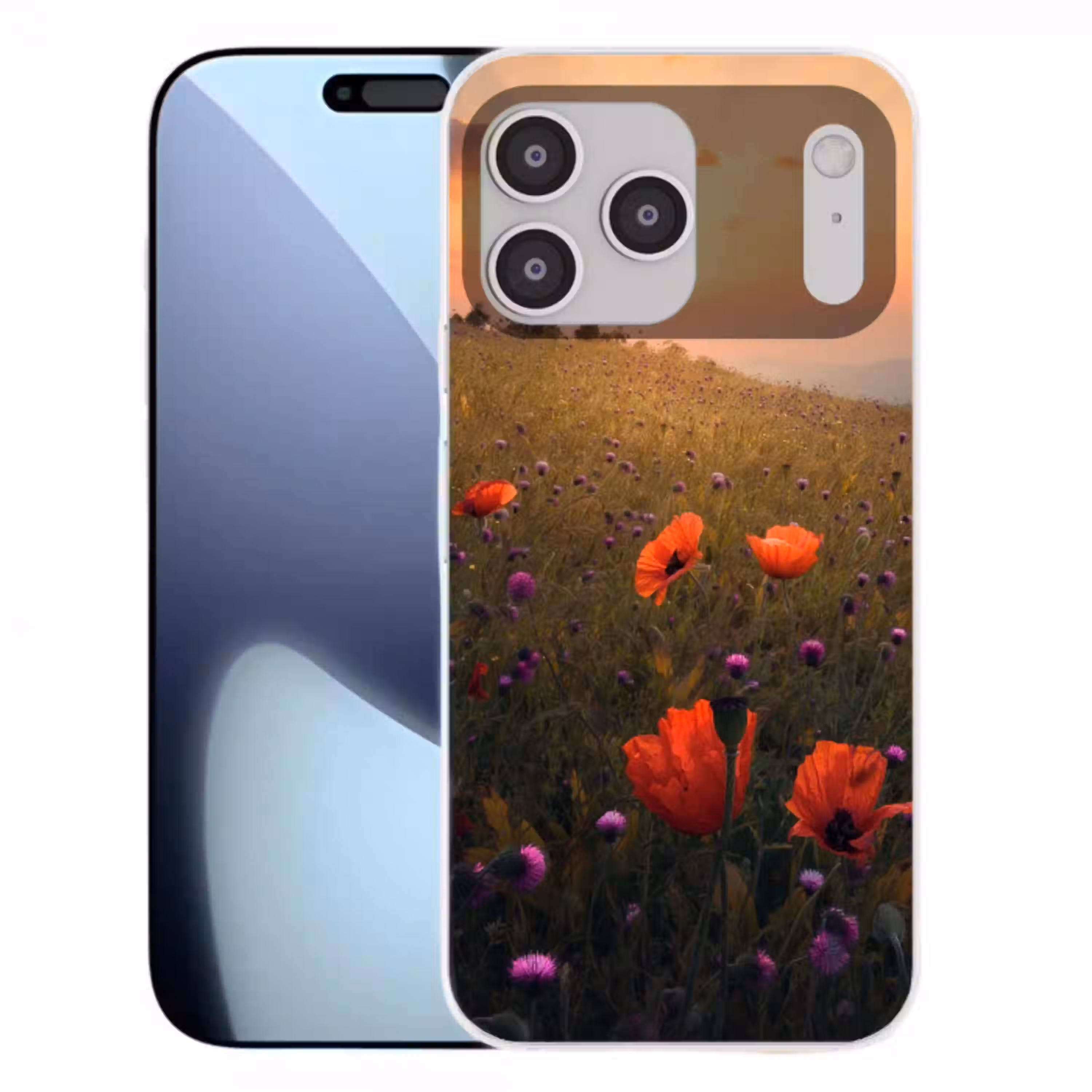 Bloemenveld - Gras - Bloemen - Planten - Zonsondergang - Oranje Telefoonhoesje iPhone 17 Pro Max klein -3d