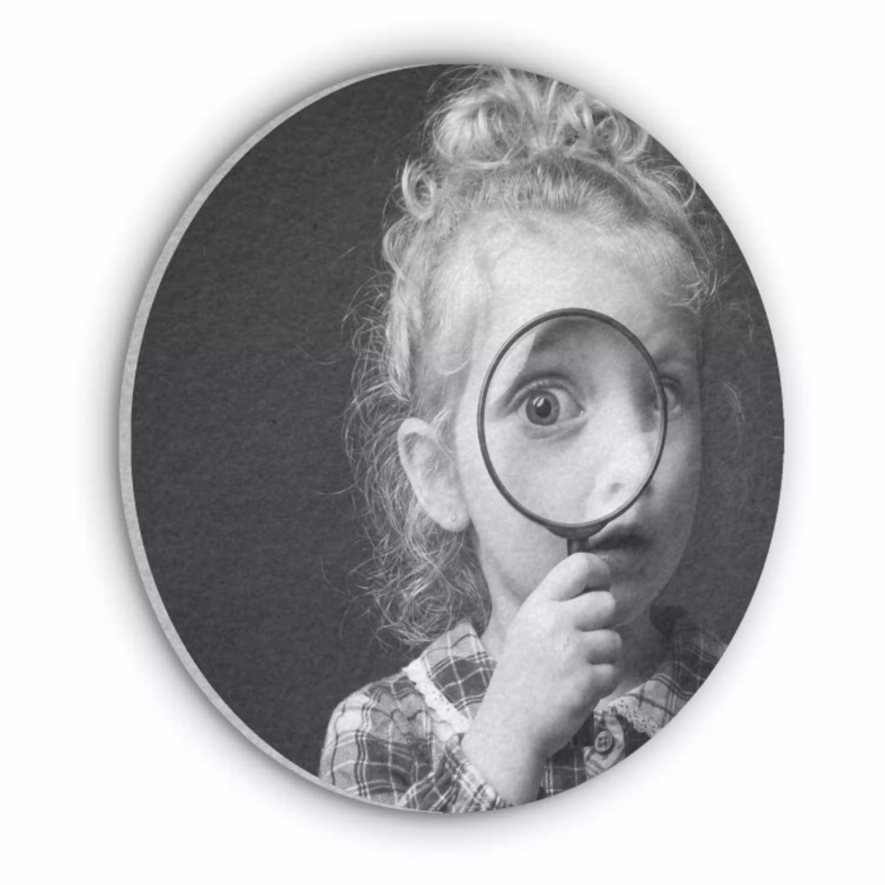 Kind - Vergrootglas - Portret - Zwart-wit Akoestische PET Vilt - Rond klein -3d