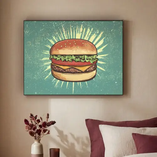 Hamburger - Illustratie - Sla - Kaas Textielframe zwart klein -sfeer1