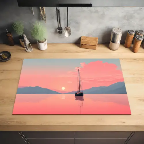 Zeilboot - Roze zee - Zonsondergang - Bergen Inductie beschermer vinyl 3mm klein -sfeer5