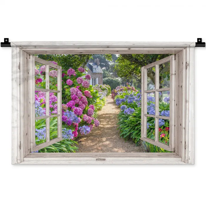 Hortensia - Doorkijk - Bloemen - Zomer - Paars - Pad Wandkleed katoen klein -zz3d